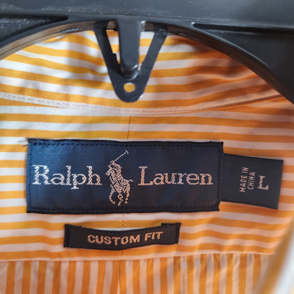 Ralph Lauren Mens L Custom Fit Yellow White Striped Cotton Button Down Shirt‎ - Picture 4 of 8